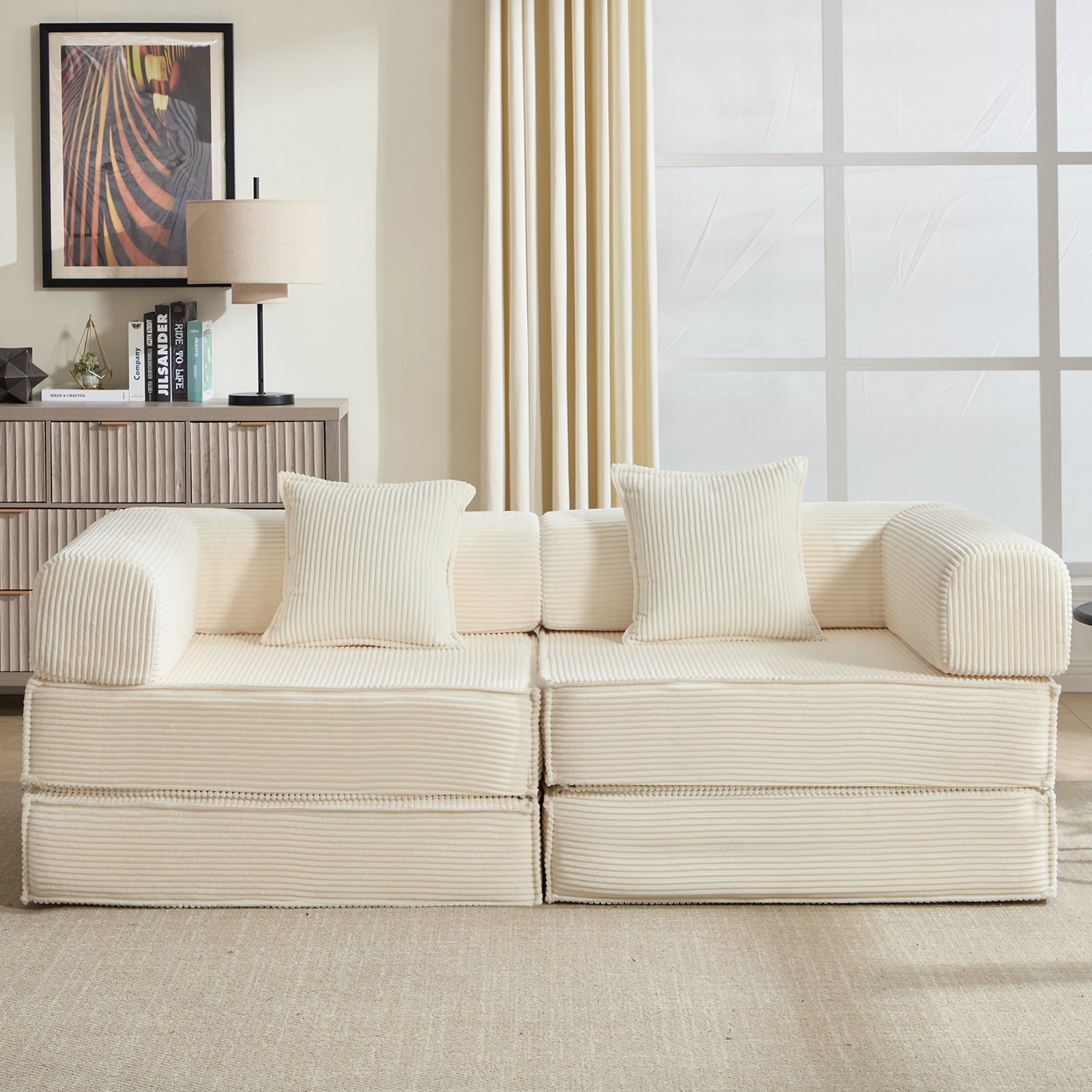78" Convertible Sleeper Sofa Bed, Modular Corduroy Couch With 2 Pillows, Compressed Floor Sofa For Living Room, Bedroom (Beige)_voghion.com